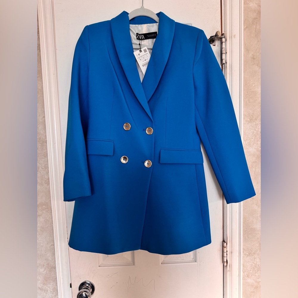 ZARA Women's Blue Double-Breasted Blazer